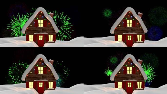 黑色背景下圣诞节在雪地上爆炸的彩色烟花动画