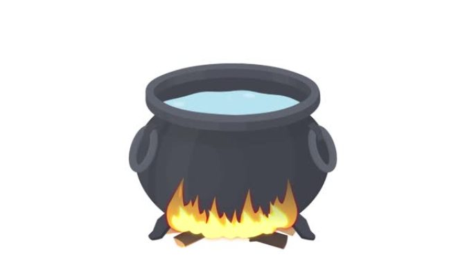 火上的大锅。碗里开水的动画。卡通