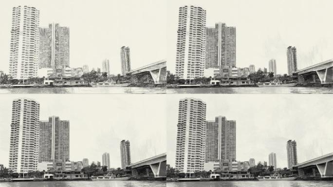 泰国曼谷建筑黑白图