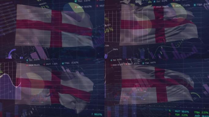 数据处理和图形的动画在英格兰旗在黑色背景上