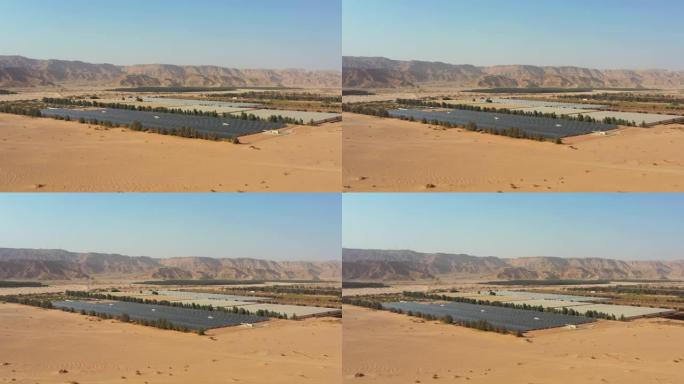 4k鸟瞰太阳能电池板农场或带阳光的太阳能电池。在以色列沙漠，埃拉特旁边的基布兹洛坦，用于生产替代清洁