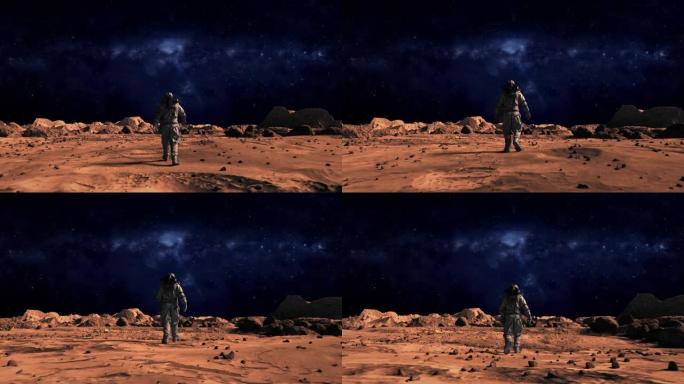 勇敢的宇航员穿着太空服自信地在火星表面朝着被岩石覆盖的银河系行走。火星上的第一位宇航员。先进技术、太