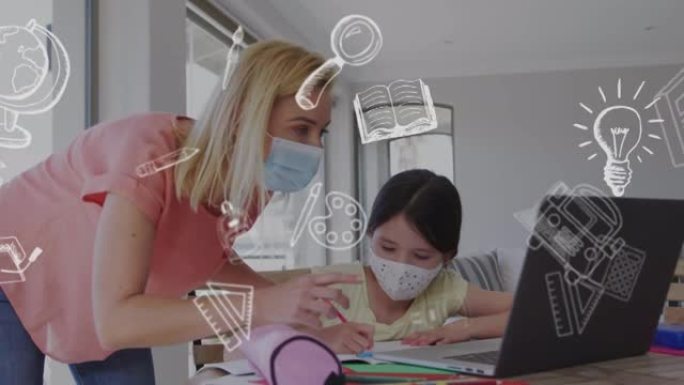 使用笔记本电脑对白人妇女和她的女儿戴口罩的学校图标的动画