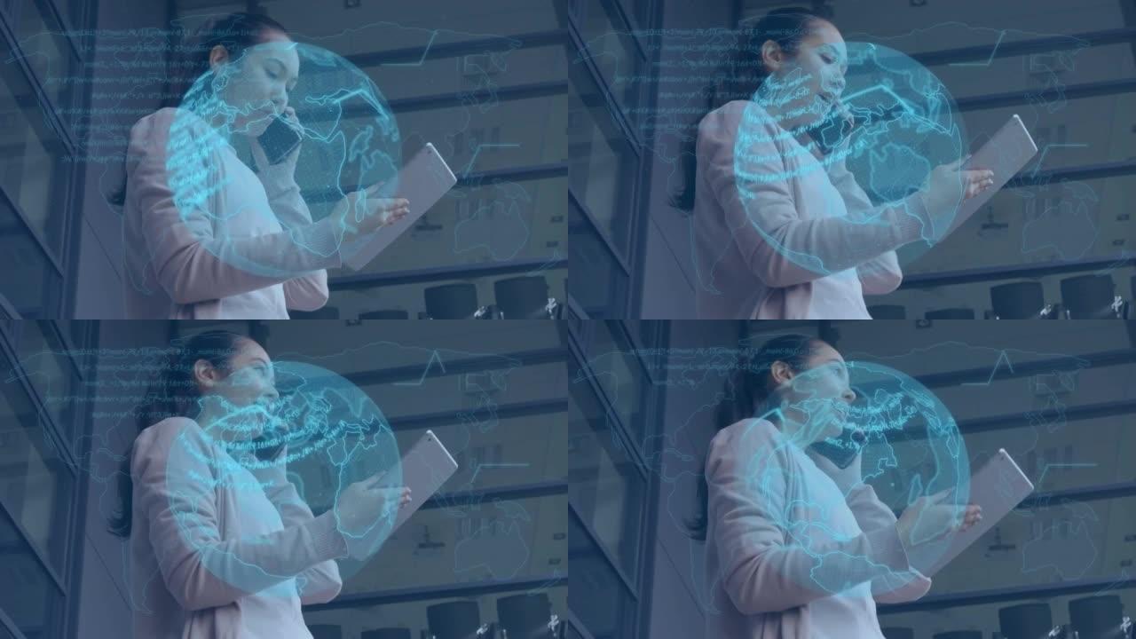 蓝色地球仪和数据处理的动画，通过使用平板电脑在智能手机上的快乐女商人