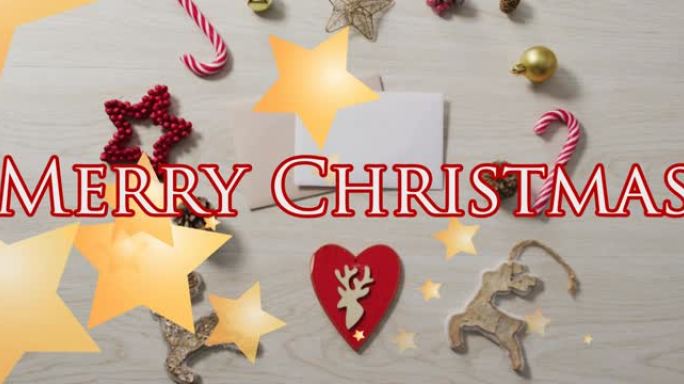 圣诞快乐文字横幅和木制表面圣诞装饰物品的星星图标