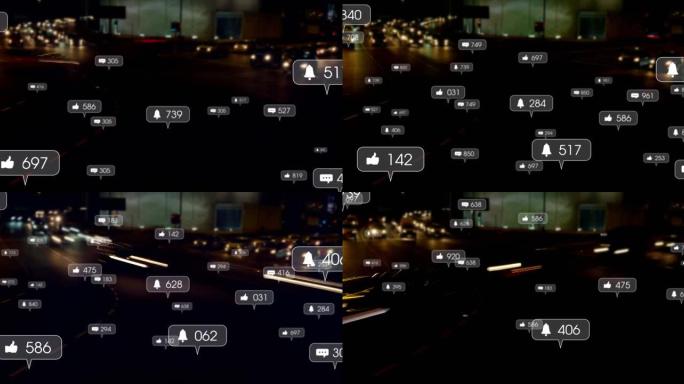 社交媒体图标和数字在焦点外的交通信号灯上的动画