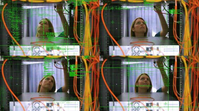服务器机房中白人妇女的数据处理动画