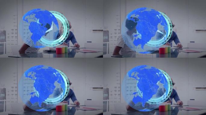 globe网络和扫描仪的动画处理办公室中不同同事的时钟数据