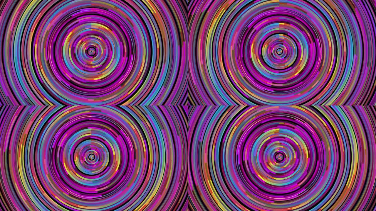多色圆圈和圆环线。不同圆形粒子4k无缝循环的3d渲染抽象背景