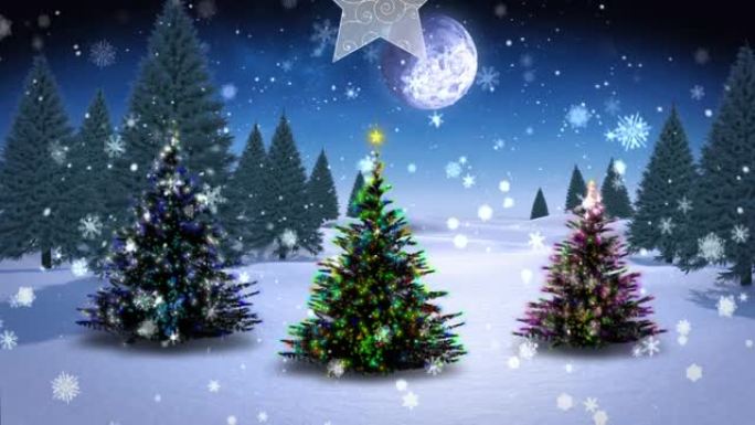 悬挂在三棵圣诞树上的雪花上的圣诞装饰品