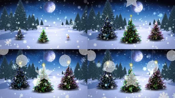 悬挂在三棵圣诞树上的雪花上的圣诞装饰品