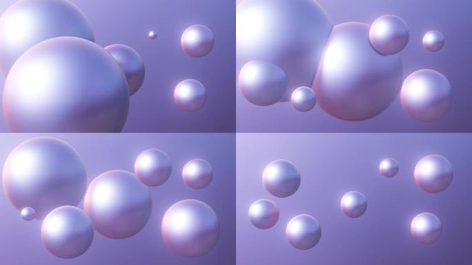 抽象明亮的紫色球背景的3D动画圈。背景的4k 3d渲染。美丽的气球或艺术气泡原子漂浮在运动图形设计中