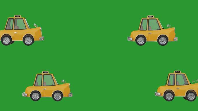 4k分辨率视频: 黄色卡通现代汽车在绿屏上行驶色度键
