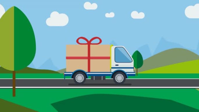 路上卡车上的大礼包为生日送盒子。动画插图