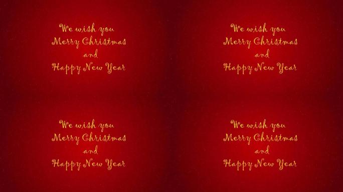 圣诞节动画明信片邀请函带文字我们祝您圣诞快乐，新年快乐。雪落在红色背景上。恭喜你，明信片，愿望概念。