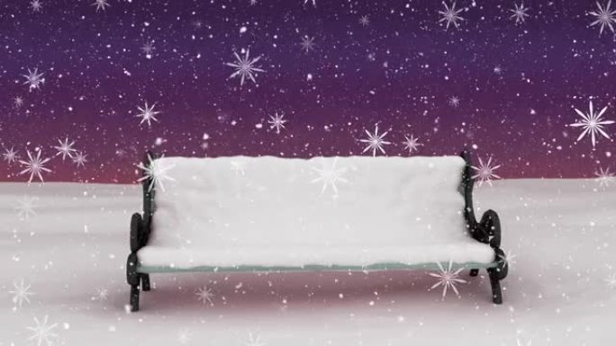 圣诞节的雪落在积雪覆盖的长凳和紫色的天空上的动画