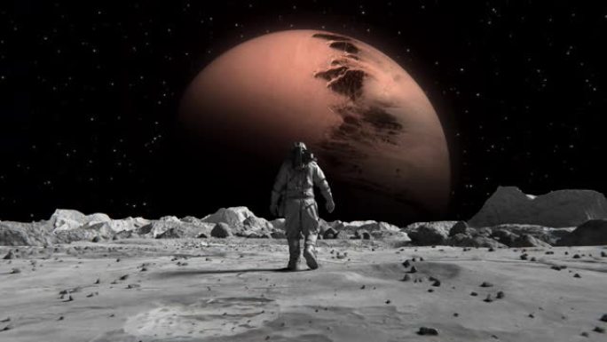 穿着太空服的勇敢宇航员自信地在月球上走向被岩石覆盖的太空星球。月球表面的第一位宇航员。人类的重要时刻