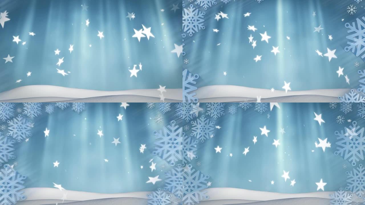 雪花图案和多个星星图标落在蓝色背景下的冬季景观上