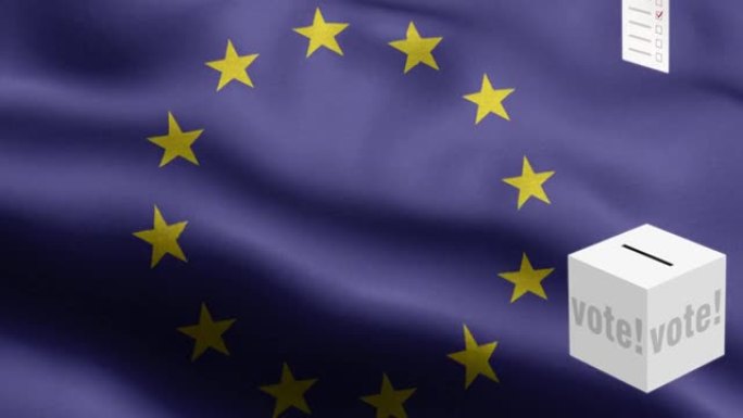 投票箱前旗帜-选票飞到盒子欧盟选择-选举-投票-欧盟-欧盟旗帜高细节-欧盟国旗欧盟波浪图案循环元素-