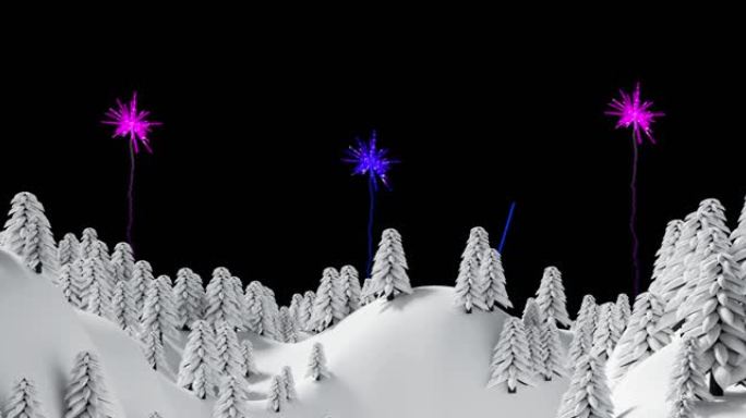 白雪覆盖的树木上的夜空中的粉红色和紫色圣诞节和新年烟花动画