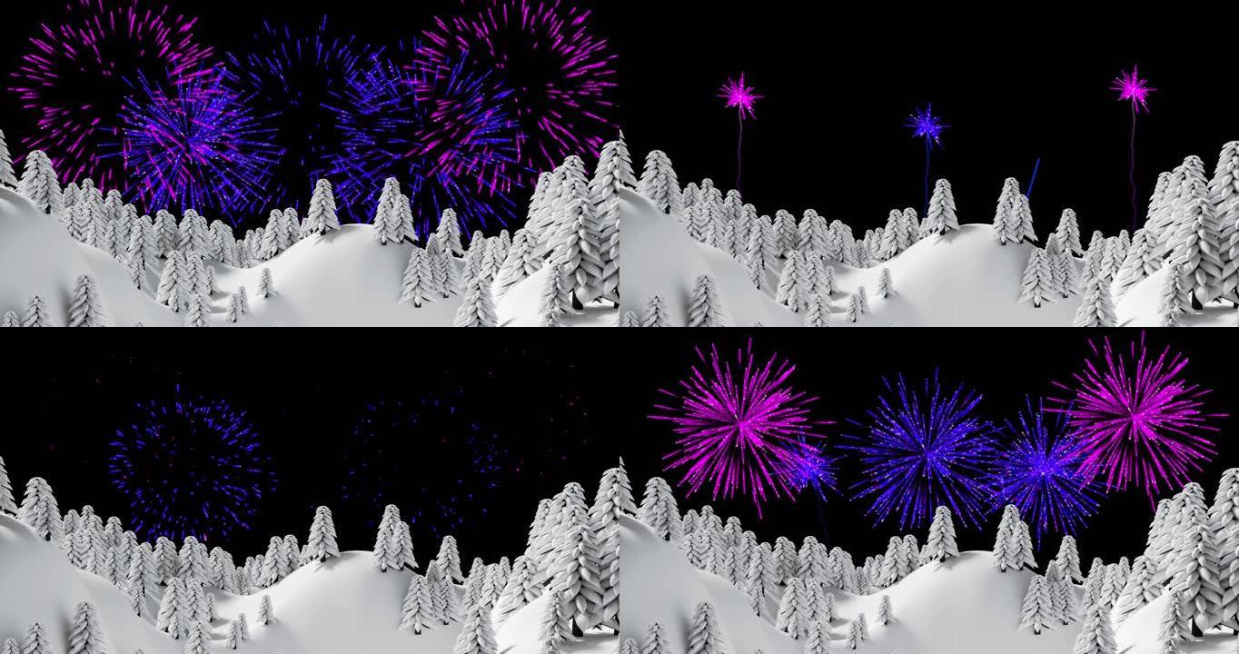 白雪覆盖的树木上的夜空中的粉红色和紫色圣诞节和新年烟花动画