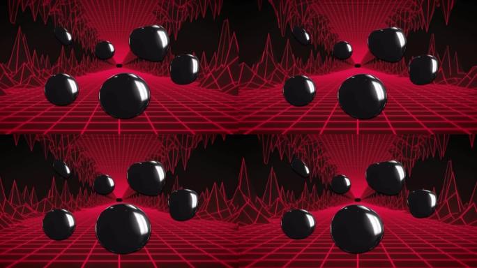 闪亮的黑色形状在发光的红色网格上移动的动画在黑色背景上移动