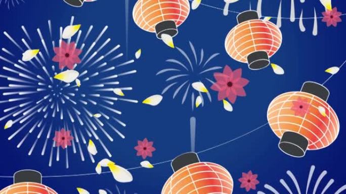 蓝色背景上的新年烟花和中国灯笼动画