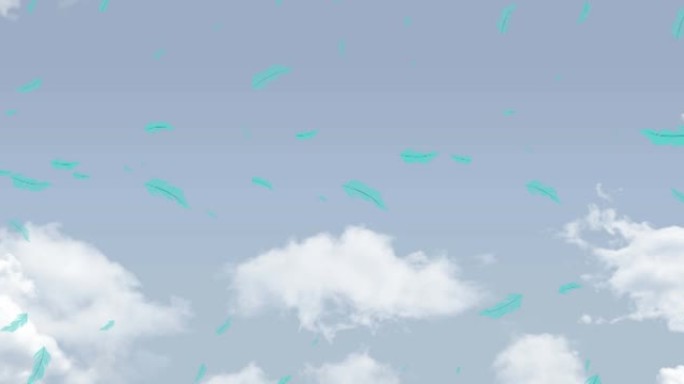蓝色的鸟羽毛在多云的蓝色天空上飘落的动画