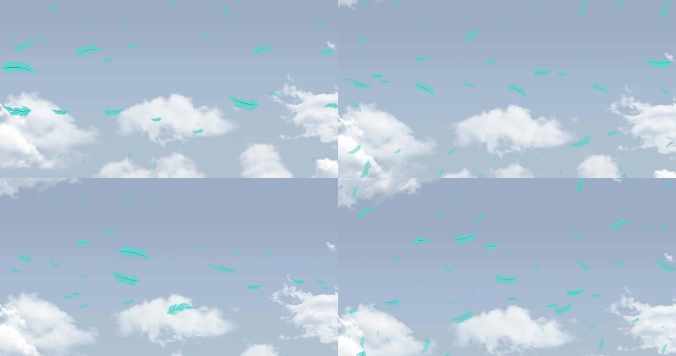 蓝色的鸟羽毛在多云的蓝色天空上飘落的动画