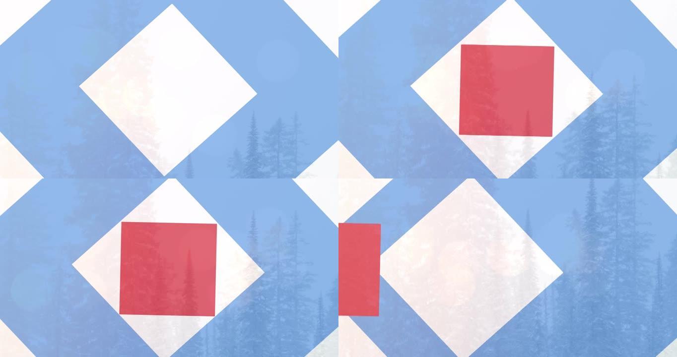 动画形状在红，白和蓝的美国国旗在冬季森林在雪