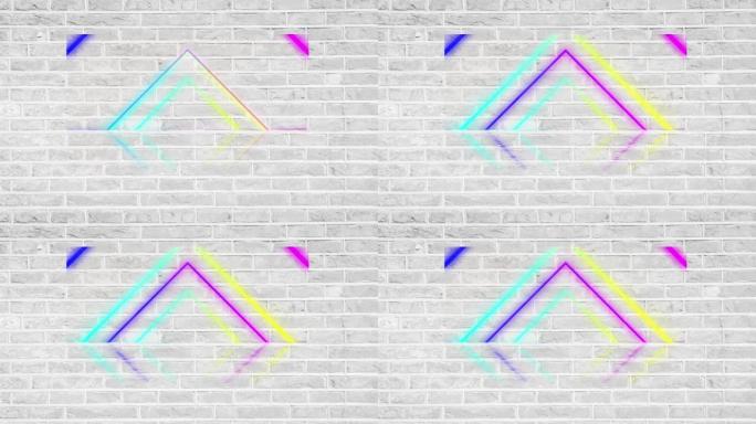 砖块背景上彩色霓虹三角形的动画