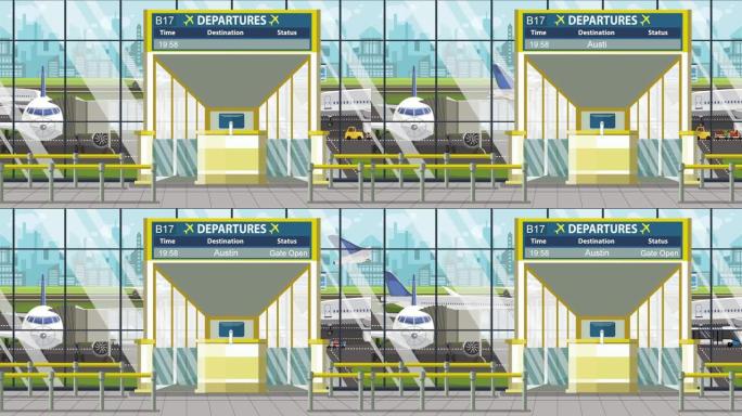机场大门。带奥斯汀文本的出发板。赴美旅游相关可循环卡通动画