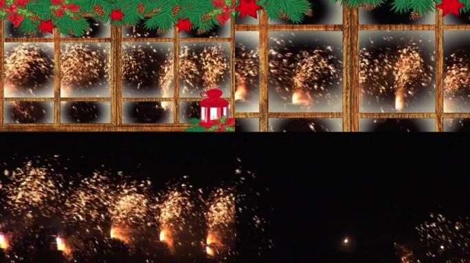 红色圣诞灯和木制窗框在黑色背景下的火花上