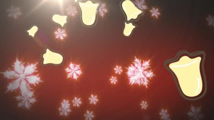 圣诞铃铛图标落下，雪花漂浮在红色背景的光斑上