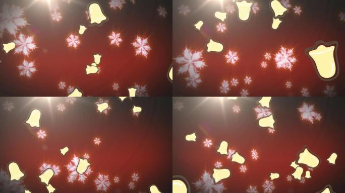 圣诞铃铛图标落下，雪花漂浮在红色背景的光斑上