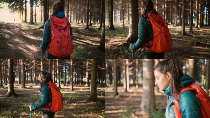 无忧无虑的活跃白人妇女在森林里徒步旅行