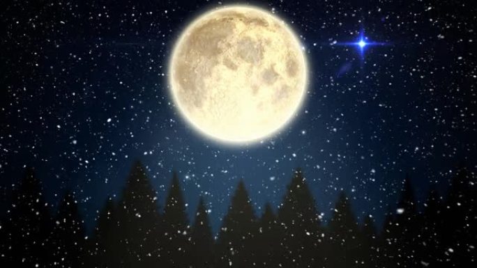 蓝色背景上的满月，星星和圣诞树上飘雪的动画