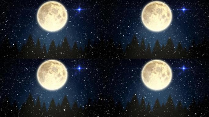 蓝色背景上的满月，星星和圣诞树上飘雪的动画