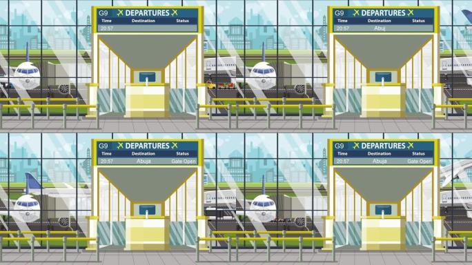 机场大门。带阿布贾文本的出发板。去尼日利亚旅游相关循环卡通动画