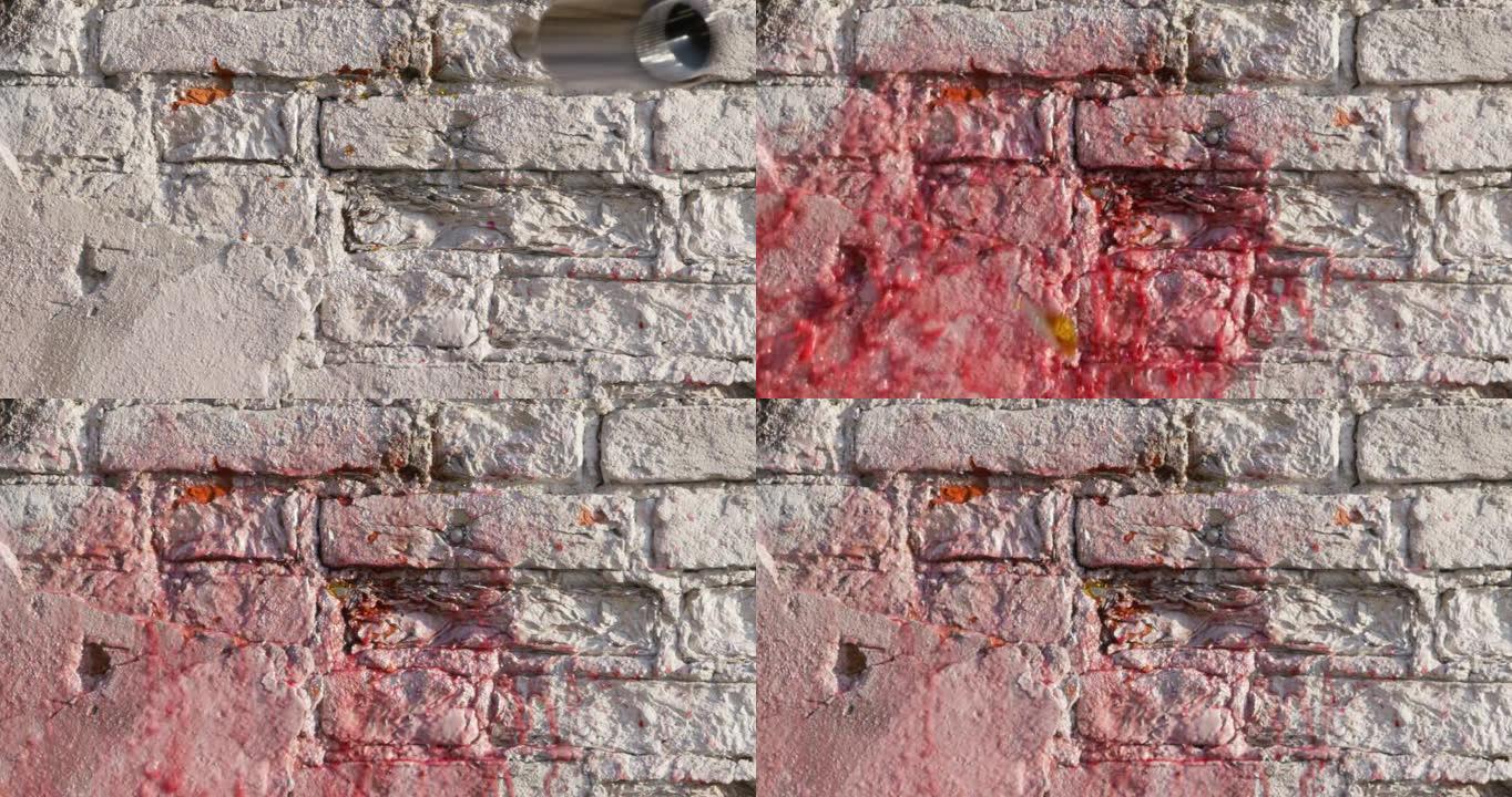在阳光慢动作极端特写镜头下，投掷的深绿色红酒瓶撞向废弃建筑物的白色砖墙