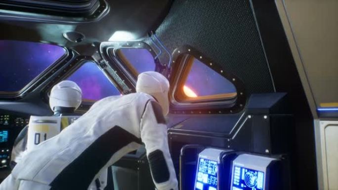 一名宇航员在宇宙飞船中透过舷窗欣赏未知宇宙中新的奇异行星。深空旅行的概念。适合科幻、太空或幻想背景的