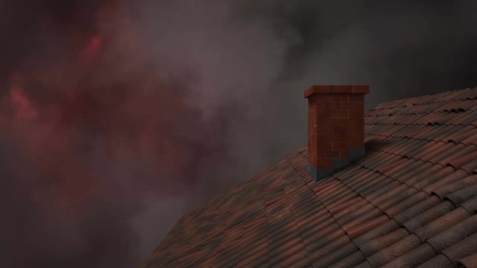 动画风暴与云和闪电在房子的屋顶和烟囱