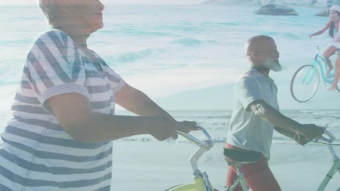 高加索女孩骑自行车超过不同的老年夫妇骑自行车在沙滩上散步的动画