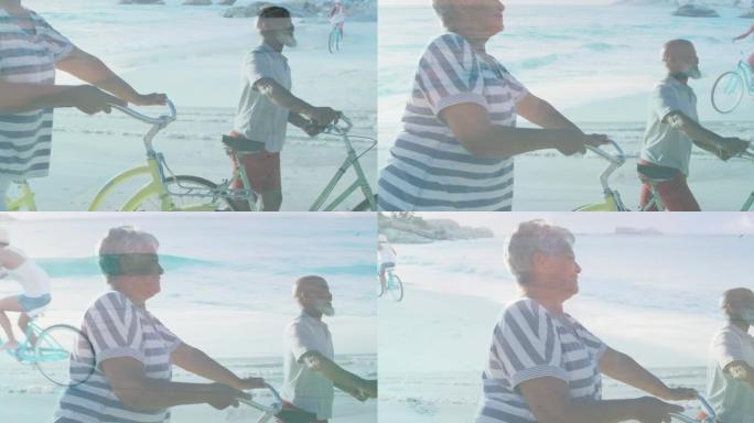 高加索女孩骑自行车超过不同的老年夫妇骑自行车在沙滩上散步的动画