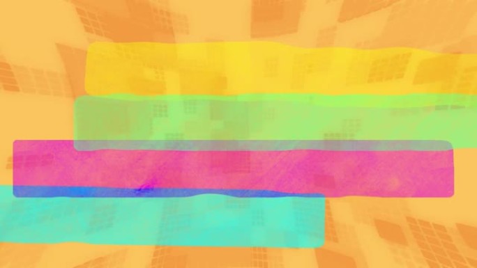 蓝色，粉红色，绿色和黄色条带在橙色上移动的橙色正方形和矩形上的动画