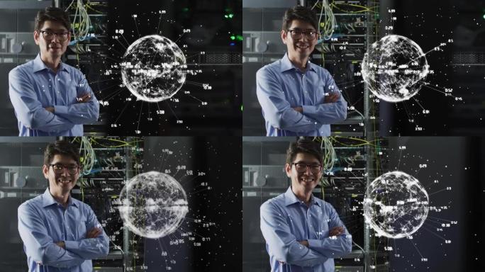 通过计算机服务器与微笑的亚洲男性it工程师建立联系的地球仪动画