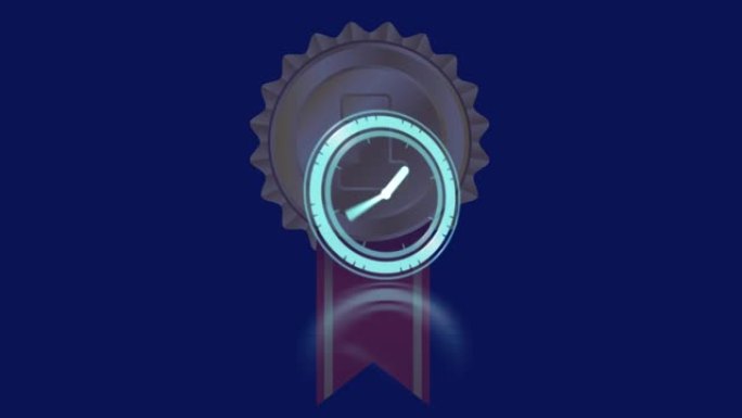 时钟在蓝色背景上快速移动超过第一名徽章的动画