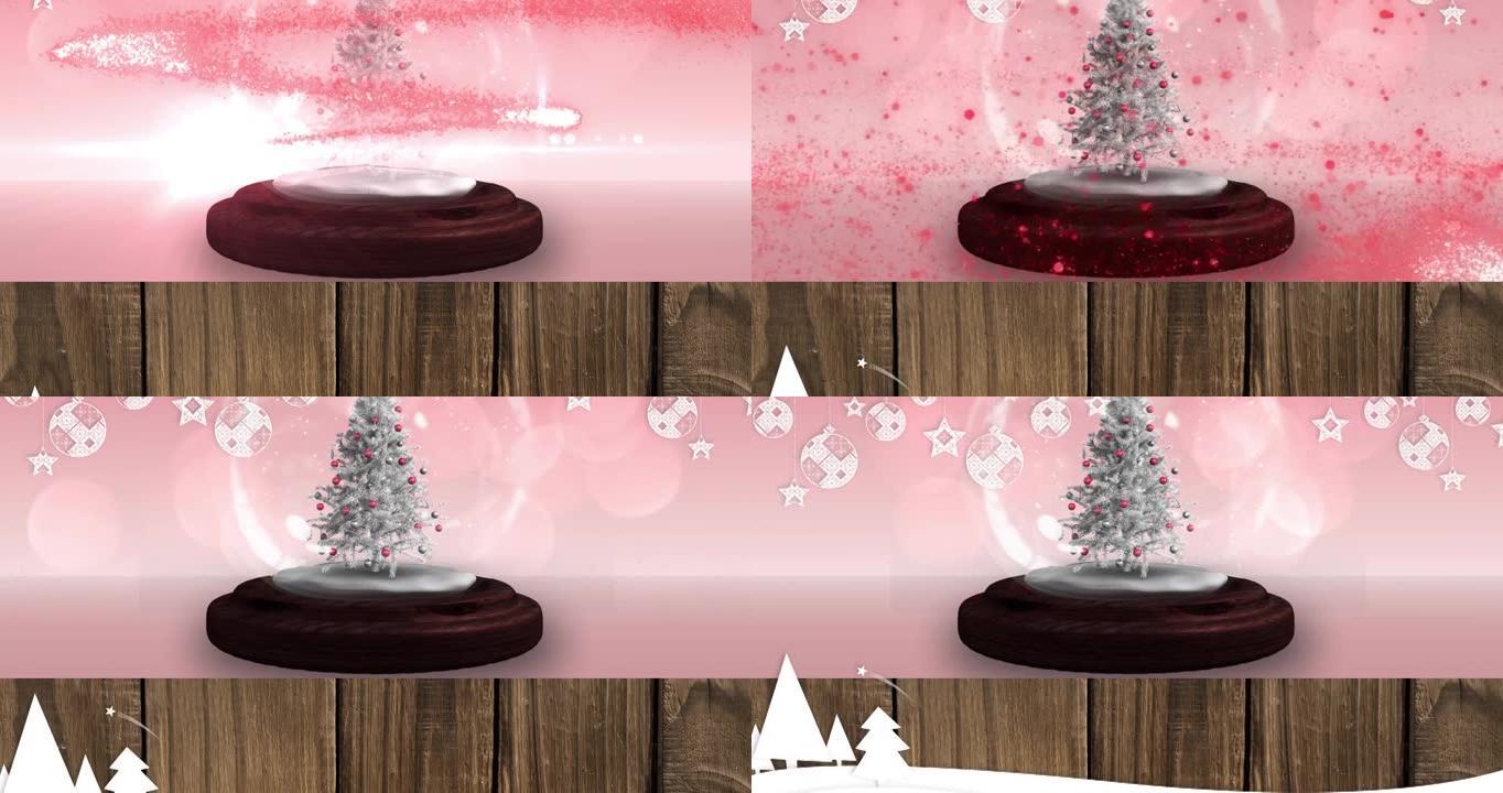 粉红色背景上的树在雪球上降雪点和发光点的动画