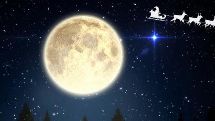 圣诞老人在雪橇上的动画与驯鹿在降雪和月亮的天空