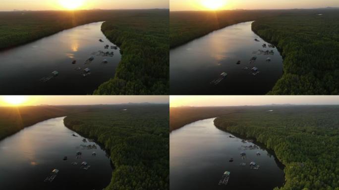 空中无人机视图泰国沙敦省红树林福雷斯特运河和渔村的日出场景